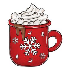 a red mug filled with hot chocolate and marshmallows covered in snowflakes