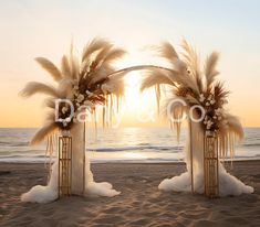 two decorated archways on the beach with flowers and pamolite in them at sunset