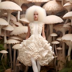 a woman is standing in front of a bunch of mushrooms with her hair pulled back