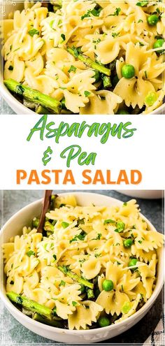 pasta with asparagus and peas in a white bowl