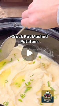 a person spooning mashed potatoes into a crock pot with the words crock pot mashed potatoes