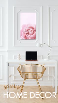 a white desk with a pink rose on it and the words spring home decor above it