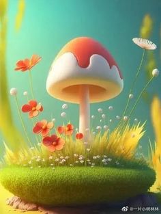 the mushroom is sitting in the grass with flowers