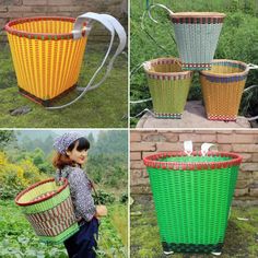 four pictures of different baskets with handles and handles, one is made from woven material