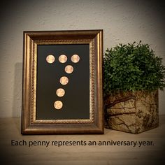 a potted plant sitting next to a framed photo with coins on it and the words each penny represents an anniversary year