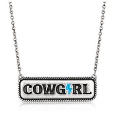 Show the world your inner cowgirl with the Electric Cowgirl Necklace. This necklace features a rectangle shaped pendant with the word "Cowgirl" engraved. A turquoise lightning bolt replaces the "I" in cowgirl, adding a touch of color. A roped edge creates the border of the pendant. This necklace has a 17 inch adjustable split chain. All Montana Silversmiths jewelry and accessories are coated with Montana Armor to prevent tarnish. This necklace has a lobster clasp for ease of use. Electric Cowgirl, Punchy Cowboy, Turquoise Lightning Bolt, Montana Silversmith Jewelry, Cowgirl Necklace, Cowgirl Necklaces, Western Necklaces, Tractor Supply, Accessories Jewelry Necklace