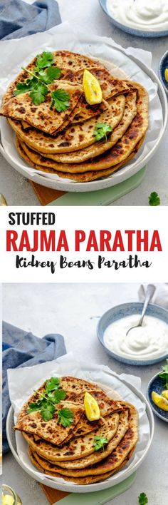 this is an image of a plate of food with the words stuffed rahmaa paratha on it