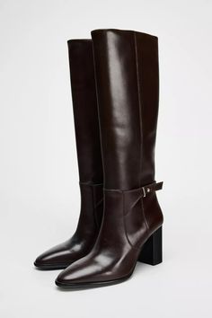 - Brown | ZARA United States Chocolate Boots, Elegant Brown Heeled Boots By Zara, Zara Brown Ankle Heeled Boots, Zara Knee-high Boots With Reinforced Heel, Zara Leather Ankle-high Heeled Boots, Zara Ankle-high Heeled Boots Medium Width, Leather High Heel Boots, Knee High Heels, Trench Jacket