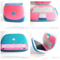 four different views of an apple laptop with its cover open and showing the keyboard inside