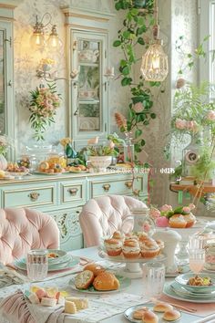 a dining room table is set with pastries and cupcakes on the plates