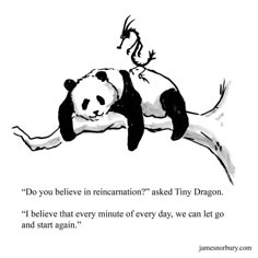 a black and white drawing of a panda laying on its back with the caption do you believe in reinanation? asked tiny dragon