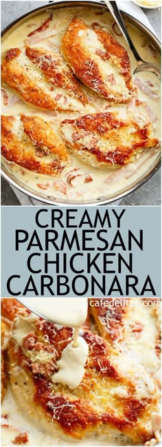 creamy parmesan chicken is served in a skillet and topped with melted cheese