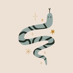 a blue and black snake with stars on it's head, against a beige background