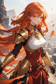 an orange haired woman with long red hair and gold armor standing in front of a castle