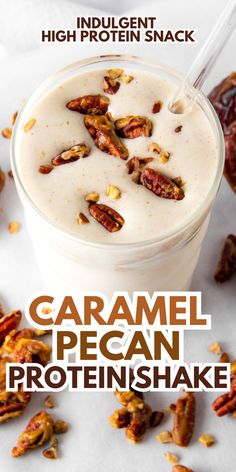 an image of caramel pecan protein shake in a glass with nuts on the side