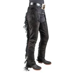 Economy suede western show chaps with wrap around rear with fringe, perfect for the beginner rider.Adjustable buckle front belt and silver concho adjustable rear. Double stitched stress points with a heavy duty zipperEconomy suede western show chaps, perfect for the beginner riderColor: Black Western Style Black Bottoms For Rodeo, Western Style Bottoms With Belt Loops For Fall, Western Bottoms With Belt Loops For Rodeo, Western Equitation, Playa Ideas, Western Chaps, Western Outfits, Wrap Around, Leather Pants