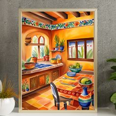 a painting of a kitchen with potted plants on the counter