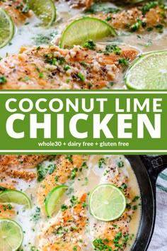 coconut lime chicken in a skillet topped with sour cream and garnished with limes