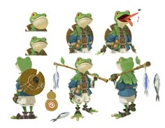 the frog is holding a fishing rod and wearing several different outfits, including a hat