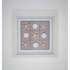 four starfishs are arranged in a square pattern on the wall above a window