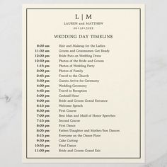 the wedding day schedule is displayed on a marble surface