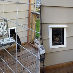 a cat is sitting in a small window on the side of a house next to a chair