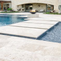 Tuscany Beige 8"x16" Tumbled Travertine Pavers Floor Tile - MSI Collection room shot outdoor pool view Travertine Pool Decking, California Pool, Coping Tiles, Pool Paving, Deck Piscina, Travertine Pool Coping, Travertine Outdoor, Travertine Pool