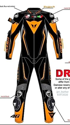 an orange and black motorcycle suit with the words drysuit written on it's side