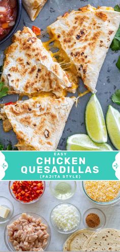 chicken quesadillas with salsa and limes on the side