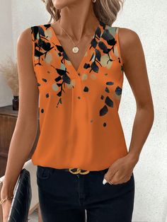 Orange Casual Collar Sleeveless Polyester Colorblock,Floral,Plants Top Embellished Non-Stretch  Women Clothing Summer Tops Women Casual, Casual Blouse Women, Womens Tops Summer, Fashion Hacks Clothes, Fancy Outfits, Blouse Patterns, Casual Blouse, Summer Tops