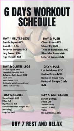 the 6 days workout schedule is shown