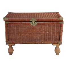 Bohemian Modern footed storage chest, circa 1970s.  Features a wicker frame with brass accents over bulbous wooden feet.  A fun addition to any space!  Dimensions: 32" x 16" d x 23"h Trunk Storage, Vintage Chinoiserie, Blanket Chest, Bohemian Modern, Brass Accents, Modern Bohemian, Chinoiserie, Storage Chest, Trunk