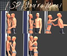 multiple images of a man and woman kissing each other in front of a mirror with the caption see you mine