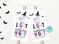 two halloween bookmarks with bats on them and the words'little light for halloween night '