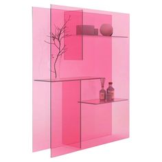 a pink room with shelves and vases on the shelf, against a white background