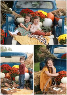 two children sitting in the bed of an old truck with pumpkins and mumbers