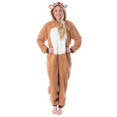 Step into the holiday spirit with the Rudolph The Red-Nosed Reindeer Unisex Adult Fleece Union Suit Pajama! This delightful hooded onesie transforms you into everyone's favorite red-nosed reindeer, complete with embroidered eyes, 3-D ears, and a shiny red nose on the hood. This cozy union suit is made from ultra-soft 100% polyester fleece and offers exceptional warmth and comfort, perfect for chilly winter nights. The front zipper closure ensures easy wear, while the cuffed sleeves and legs prov Reindeer Onesie, Adult Christmas Pajamas, Family Holiday Pajamas, Stitch Costume, Matching Family Christmas Pajamas, Rudolph The Red Nosed Reindeer, Embroidered Eyes, Union Suit, One Piece Clothing