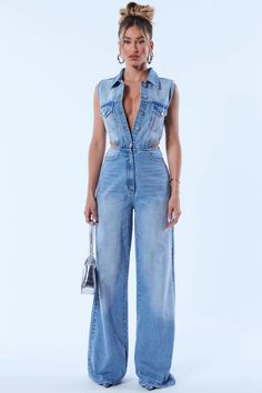 Baylin Denim Jumpsuit - Light Wash | Fashion Nova, Jumpsuits | Fashion Nova Fitted Sleeveless Denim Jumpsuit With Buttons, Fitted Sleeveless Buttoned Denim Jumpsuit, Fitted Light Wash Denim Jumpsuit With Buttons, Denim Jumpsuit Outfit, Circle Decor, Functional Wardrobe, Denim And Diamonds, Jumpsuit Outfit, Fashion Nova Jeans