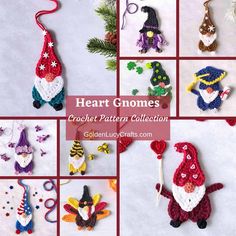 crochet gnomes are featured in this collage with text overlay that reads heart gnomes crochet pattern collection