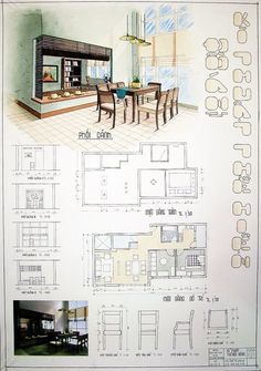 an architectural drawing of a kitchen and dining room with table, chairs, and couches