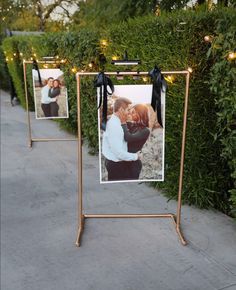 two pictures are hanging on the side of a fence with lights strung from it and some bushes behind them