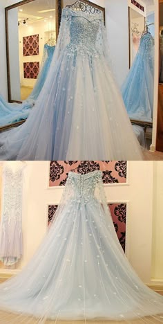 Cinderella Wedding Dresses With Long Train, Modest Prom Gowns, Blue Tulle Prom Dress, Shoulder Applique, Blue Wedding Dress, Princess Evening Dress, Baju Kahwin, Aurora Dress, Fest Outfits