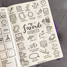 an open notebook with doodles on it and the words favorite hobbies written in cursive writing