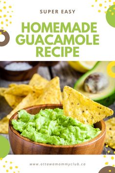 homemade guacamole recipe in a wooden bowl with tortilla chips and avocado