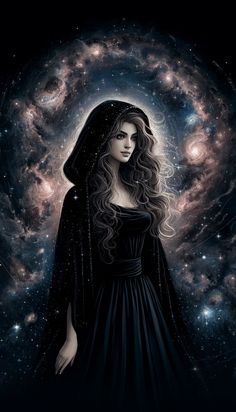 a painting of a woman with long hair in a black dress and stars around her