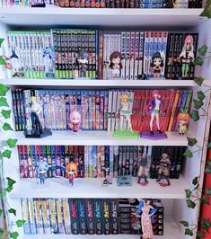 a book shelf filled with lots of anime books and figurines on top of it