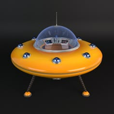 a yellow space ship sitting on top of a black floor