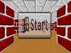 an old computer game with the words start in front of brick walls and flooring