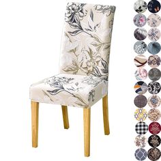 an upholstered chair with floral fabric and wooden legs