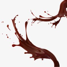 chocolate splashing into the air with red liquid on it's side, against a white background